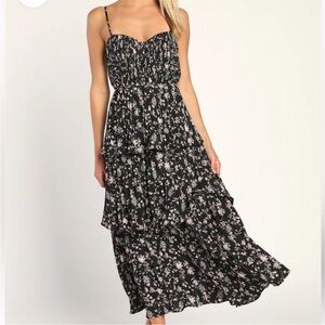 Lulus Cascading Crush Black Floral Print Tiered Bustier Midi Dress SIZE LARGE
